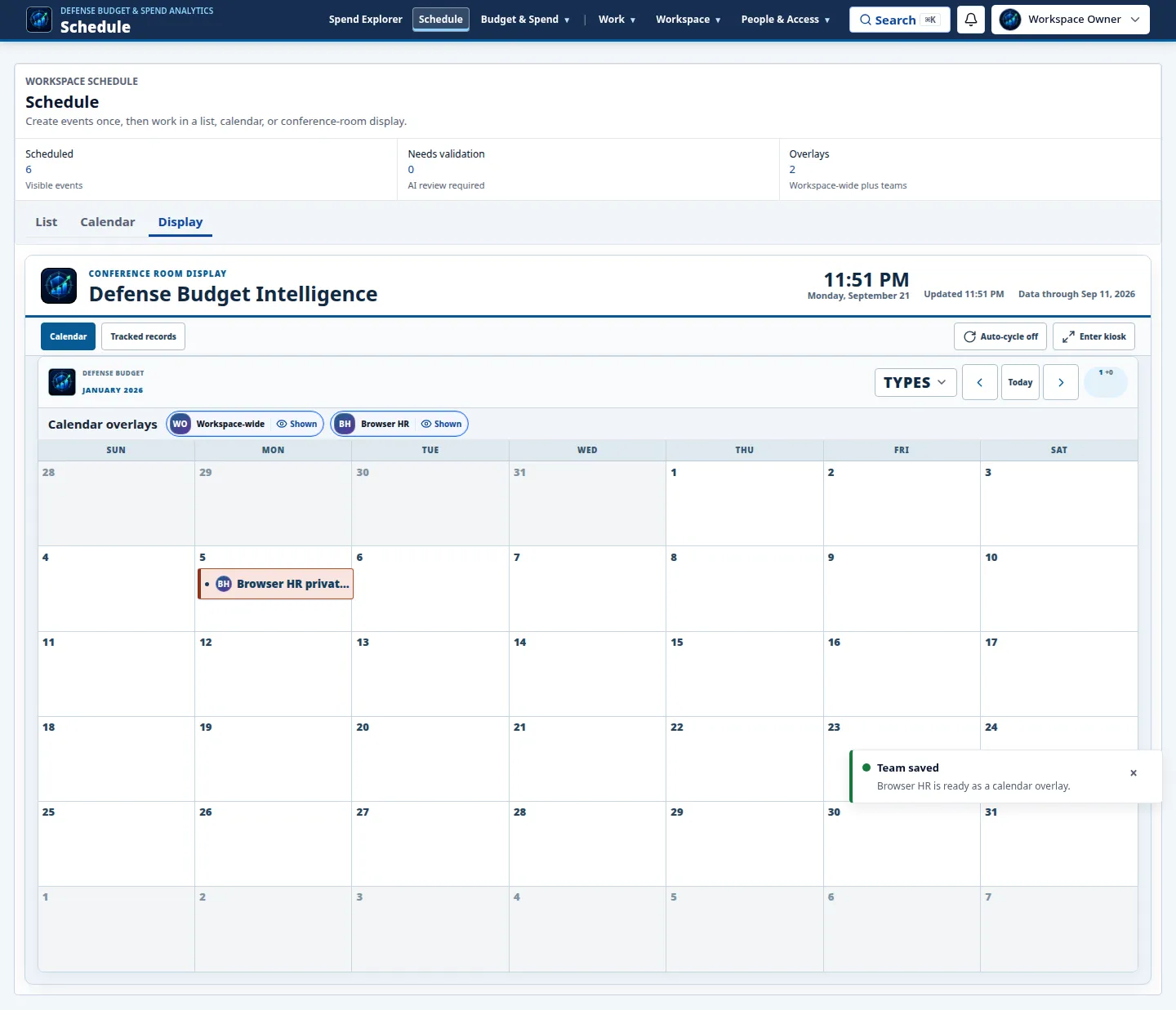 Defense Budget Intelligence team calendar with workspace and team schedule overlays